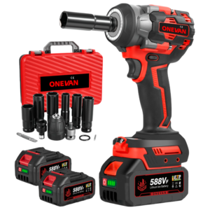 ONEVAN 1/2" 1200N·m Brushless Cordless Impact Wrench With 2 Batteries & 12-Piece Socket Set