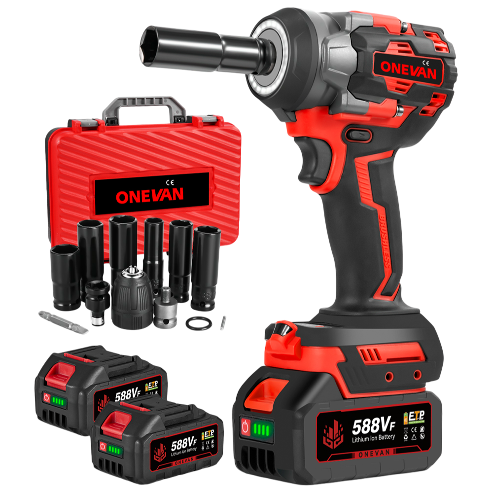 ONEVAN 1/2" 1200N·m Brushless Cordless Impact Wrench With 2 Batteries & 12-Piece Socket Set