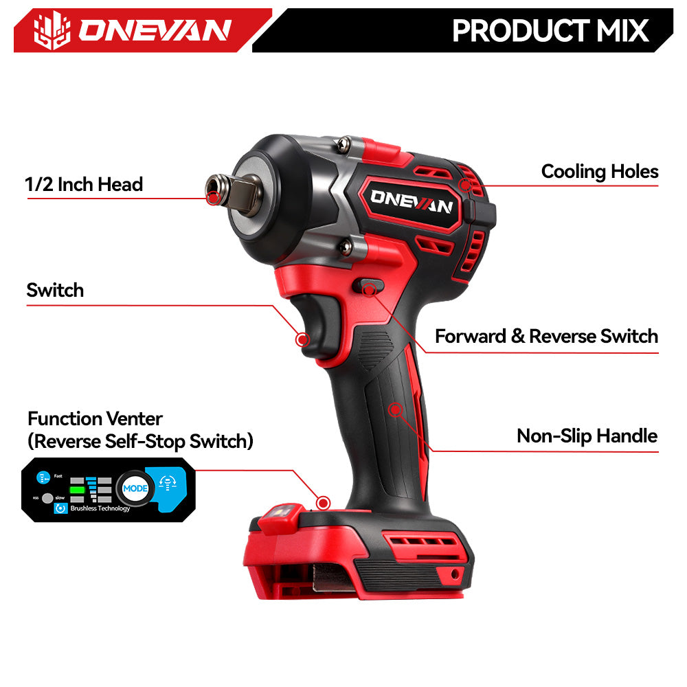 ONEVAN 1/2" 500N·m Brushless Cordless Impact Wrench (31-Piece Accessory) | For Makita 18V Battery - Image 4