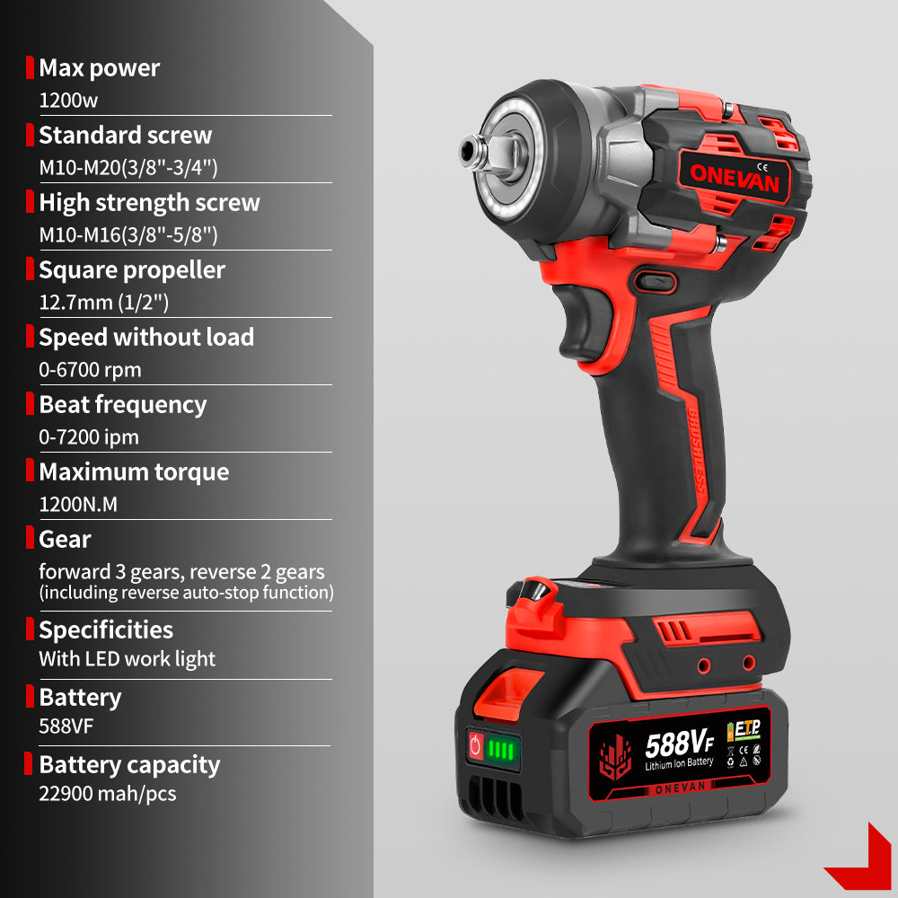 ONEVAN 1/2" 1200N·m Brushless Cordless Impact Wrench With 2 Batteries & 12-Piece Socket Set - Image 4
