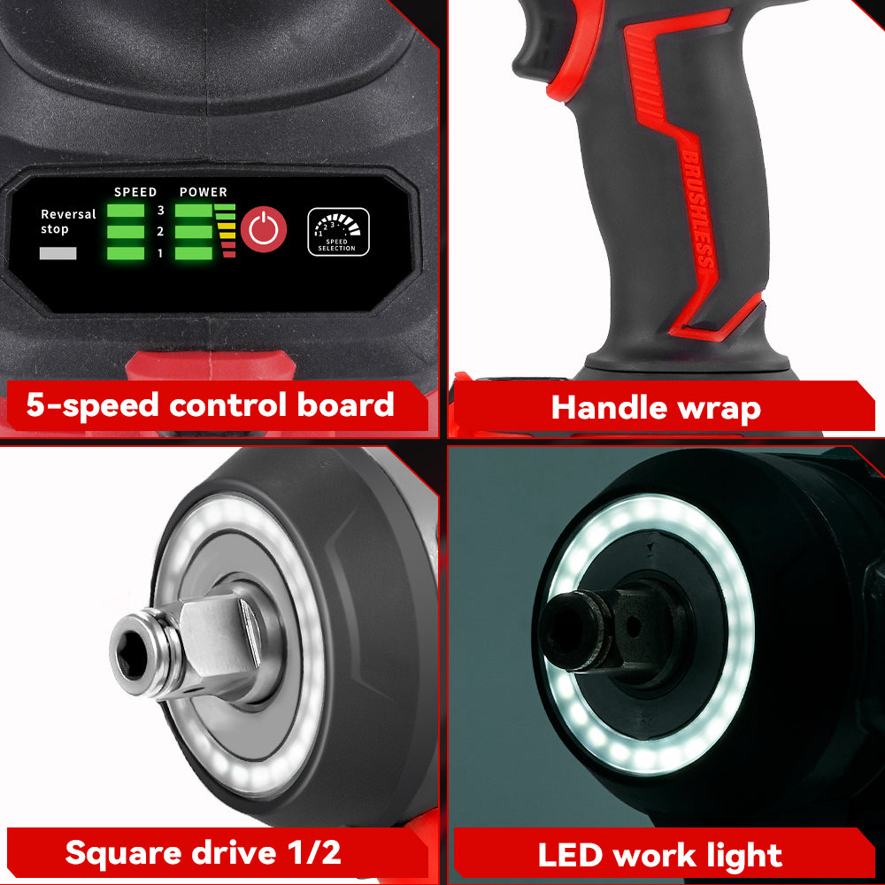 ONEVAN 1/2" 1200N·m Brushless Cordless Impact Wrench With 2 Batteries & 12-Piece Socket Set - Image 8